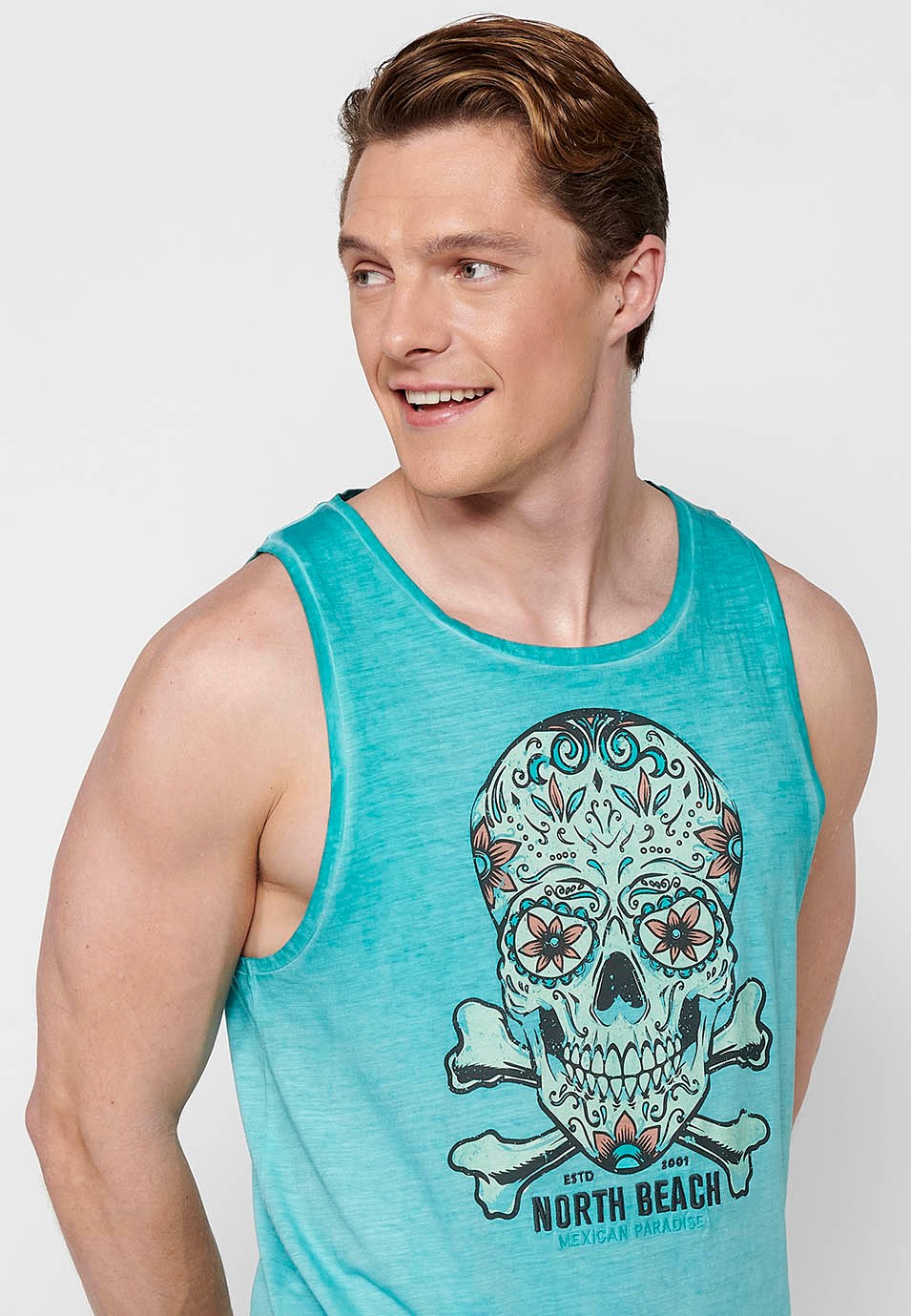 Cotton tank top, with front print, green color for men