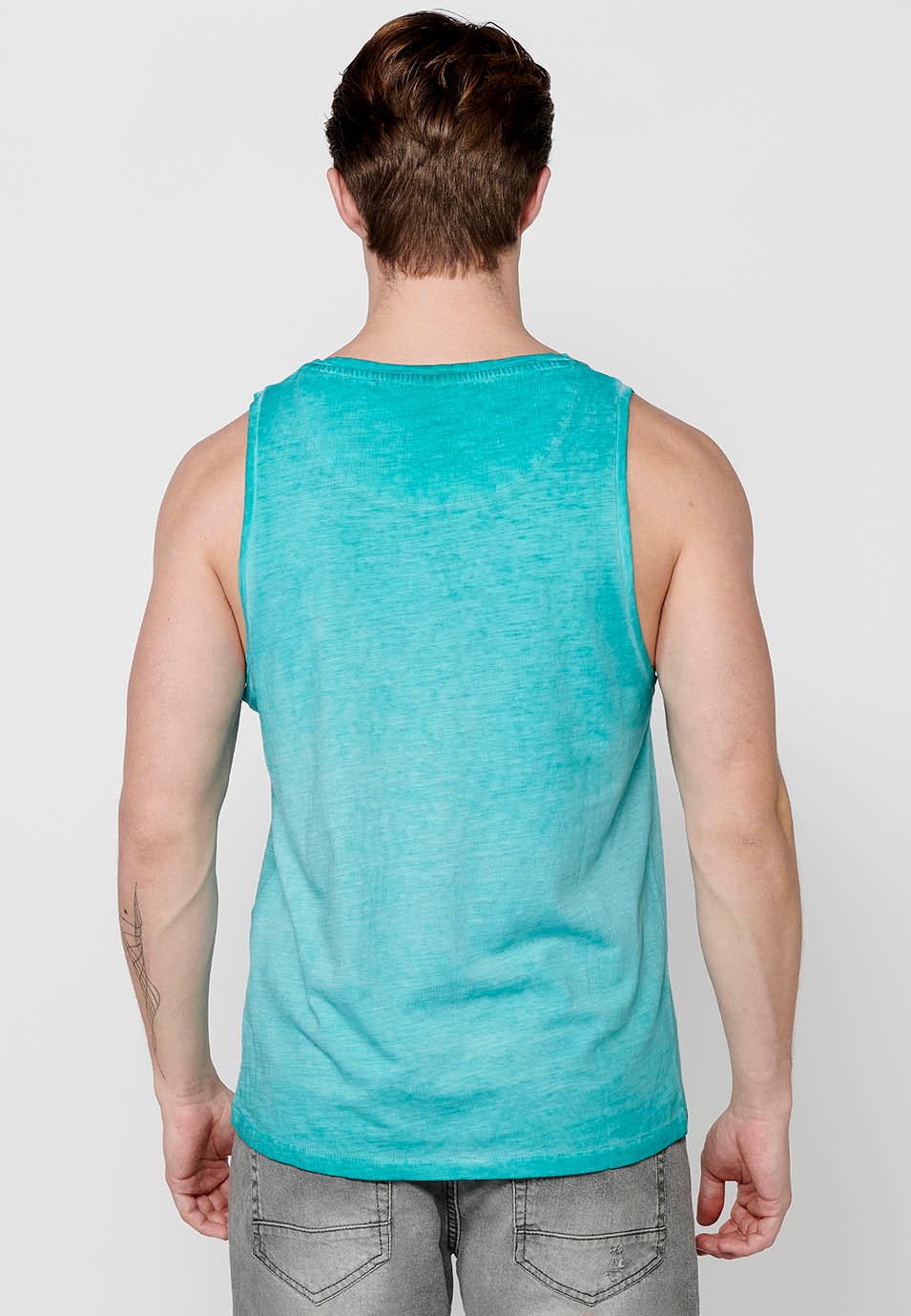 Cotton tank top, with front print, green color for men