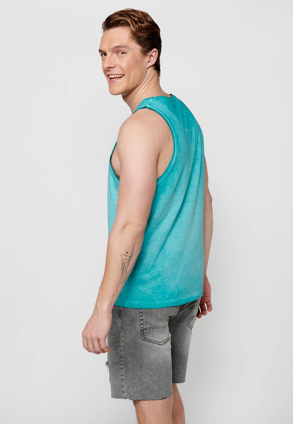 Cotton tank top, with front print, green color for men