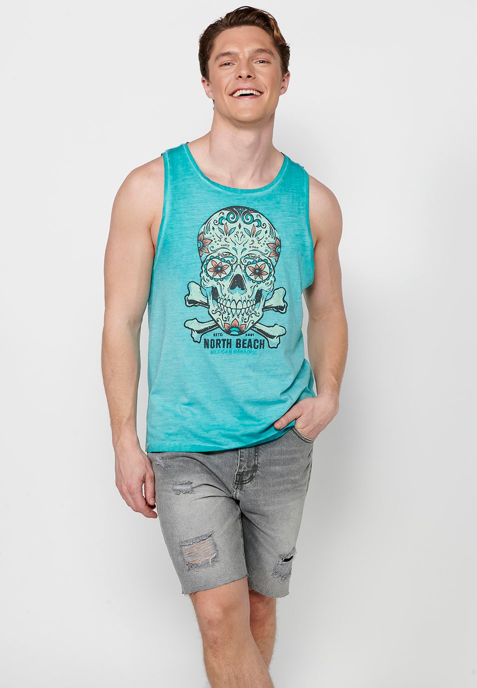 Cotton tank top, with front print, green color for men