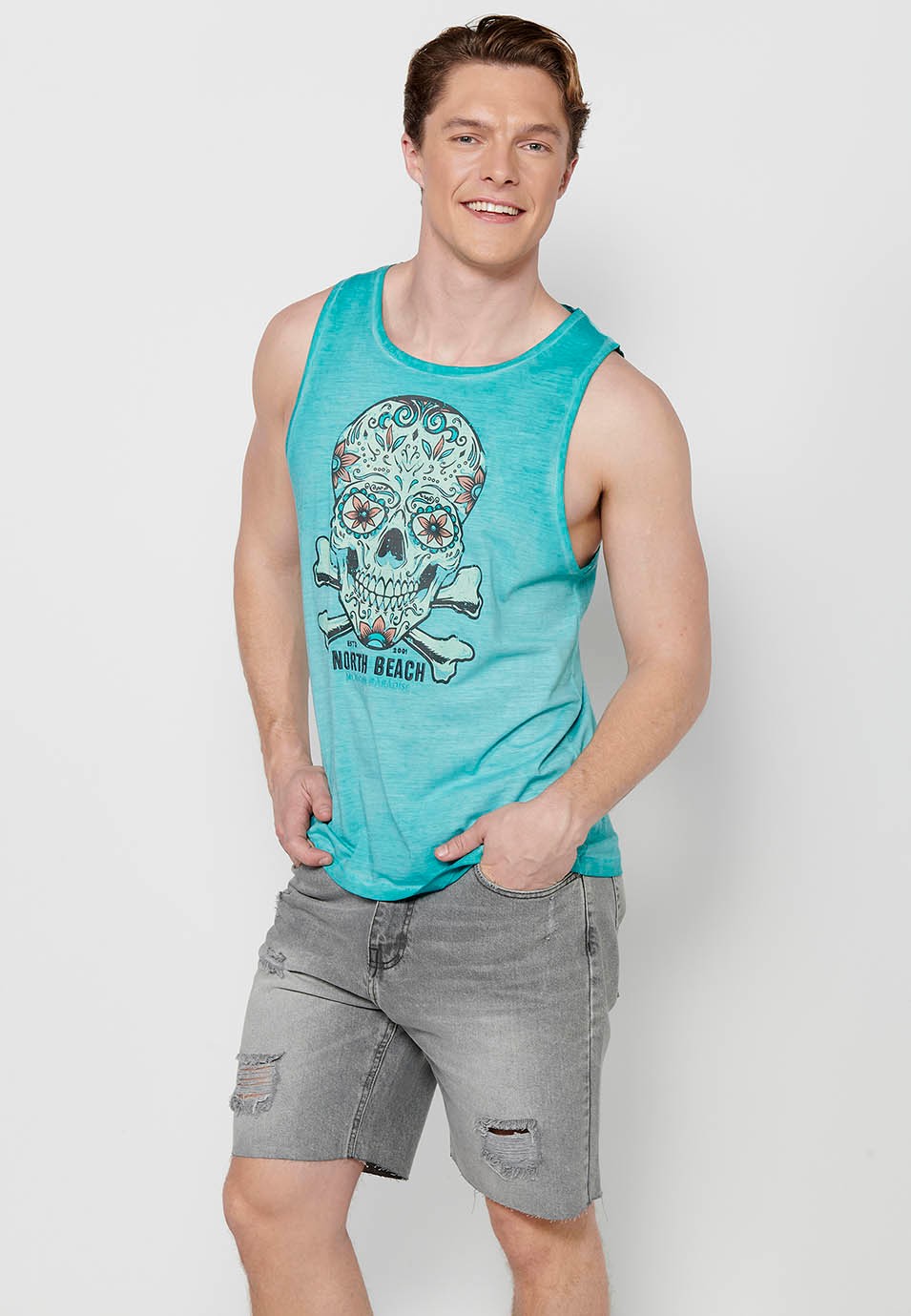 Cotton tank top, with front print, green color for men