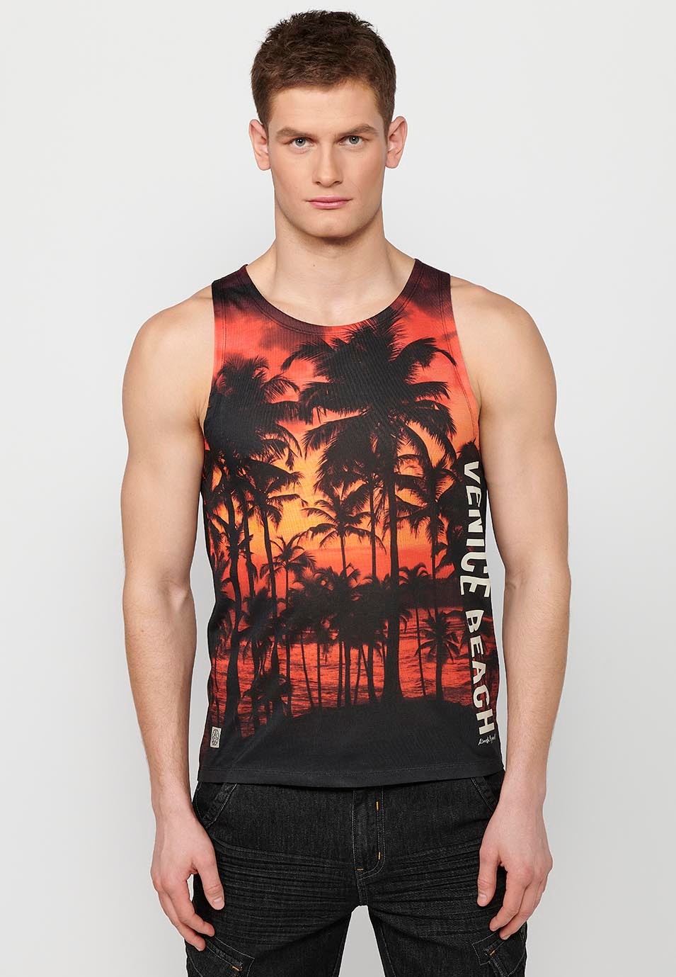 Camiseta de tirantes, estampado venice beach, color negro para hombres