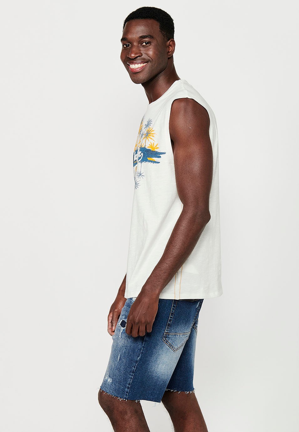Camiseta sin mangas con estampado delantero, color blanco para hombres
