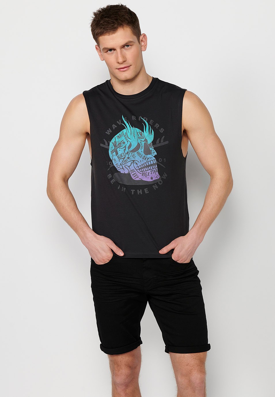 Tanktop, ärmellos, blauer Aufdruck für Herren