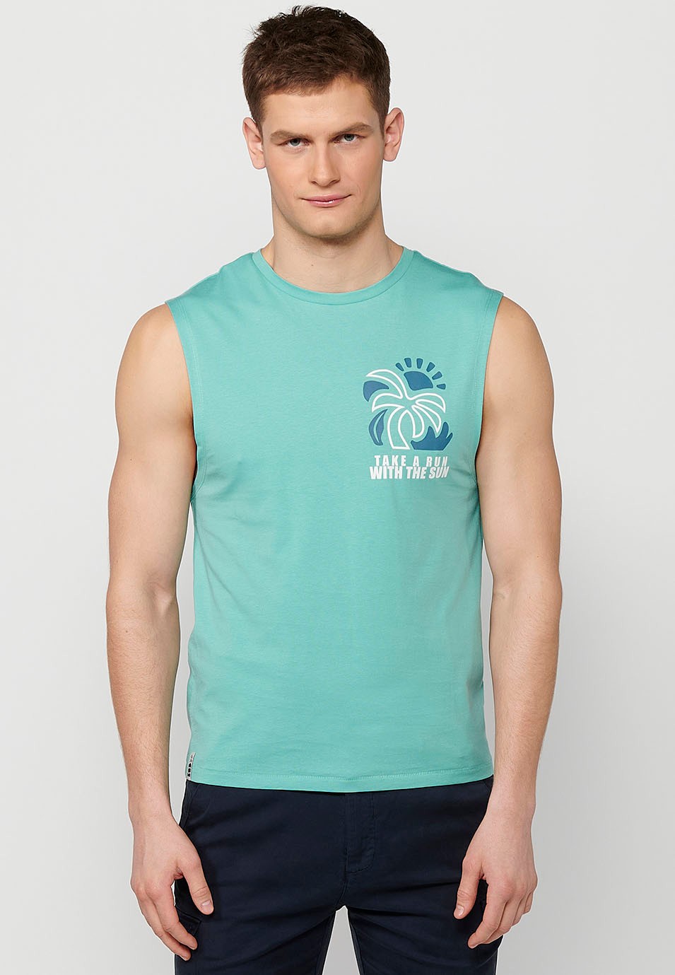 Ärmelloses T-Shirt, Rückenaufdruck „Take a run with the sun“, Mintfarbe für Herren