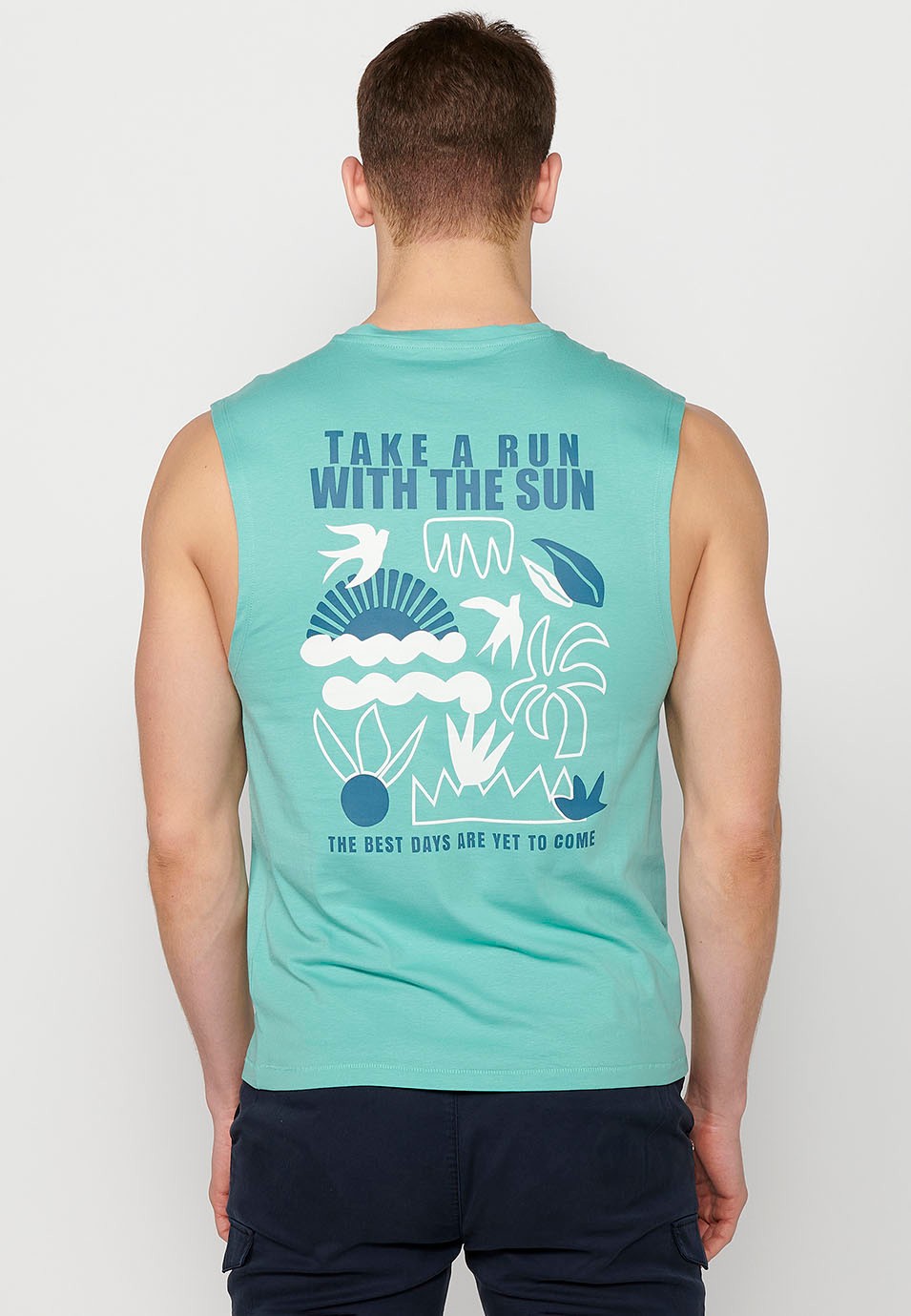 Ärmelloses T-Shirt, Rückenaufdruck „Take a run with the sun“, Mintfarbe für Herren