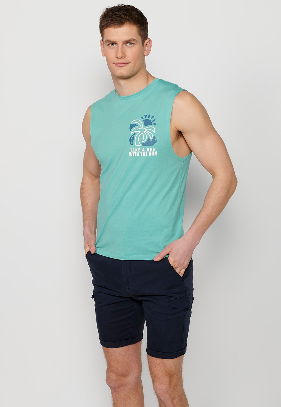 Ärmelloses T-Shirt, Rückenaufdruck „Take a run with the sun“, Mintfarbe für Herren