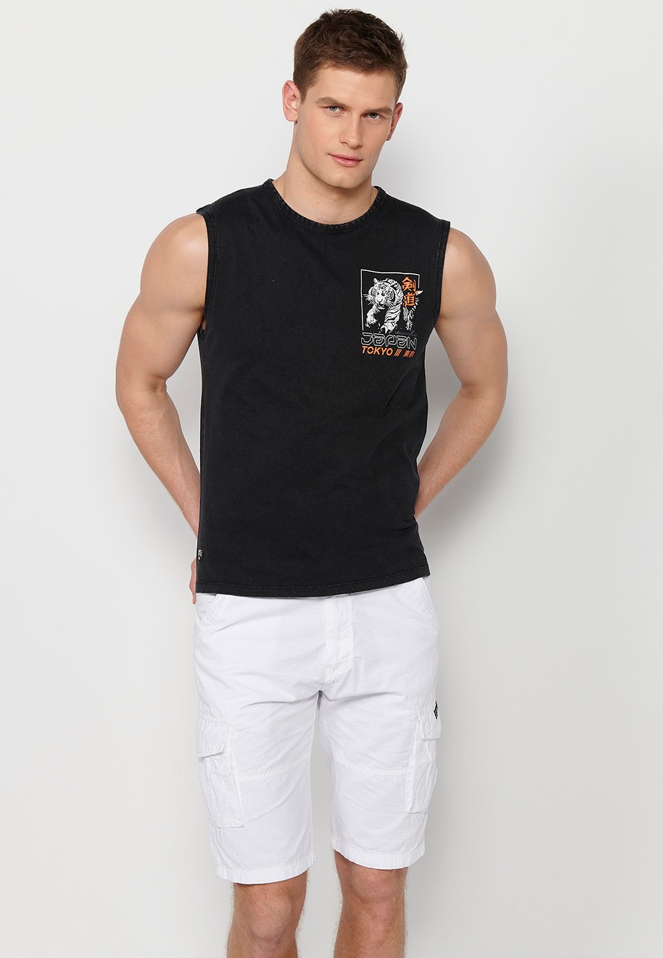 Ärmelloses T-Shirt, Rückendruck „Jungle Fury“, schwarz für Herren