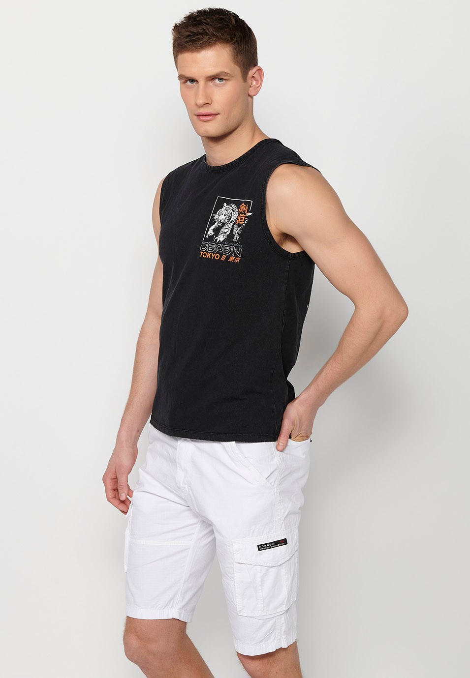 Ärmelloses T-Shirt, Rückendruck „Jungle Fury“, schwarz für Herren