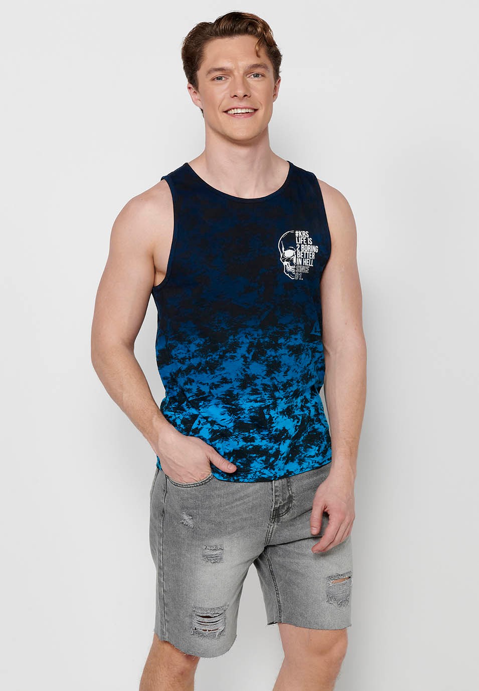 Cotton tank top with blue gradient print for men
