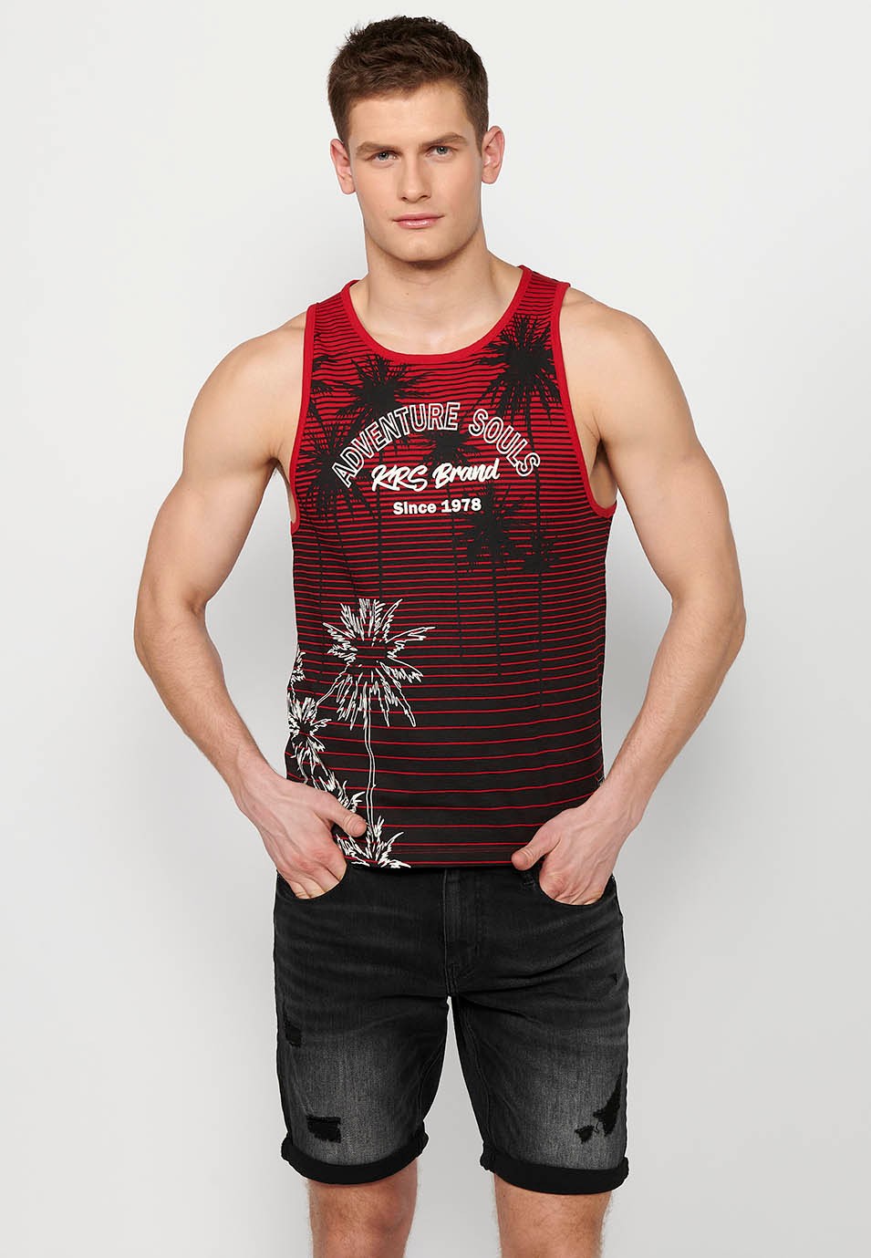 Herren-Tanktop mit rotem Farbverlauf vorne und Print