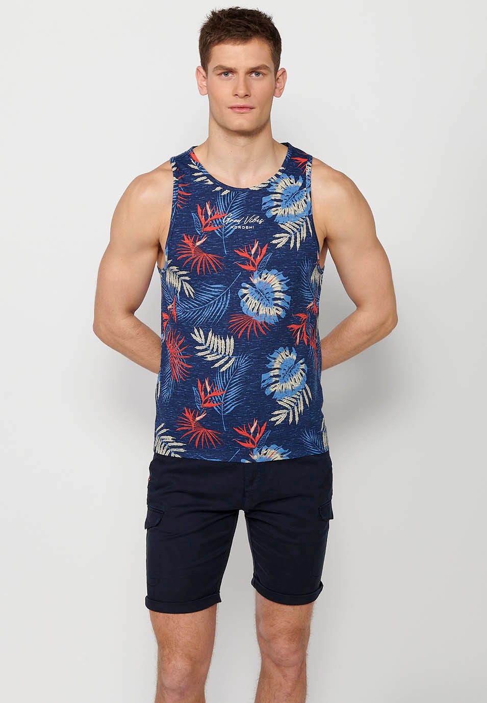 Cotton tank top, blue floral print for men