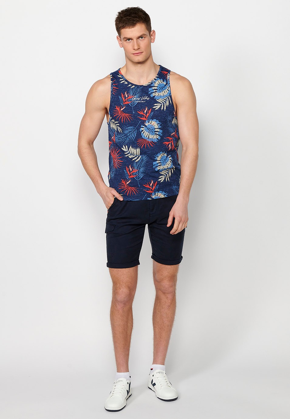 Cotton tank top, blue floral print for men