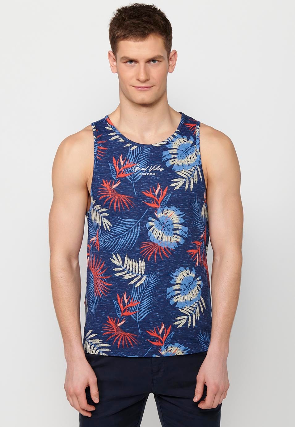 Cotton tank top, blue floral print for men