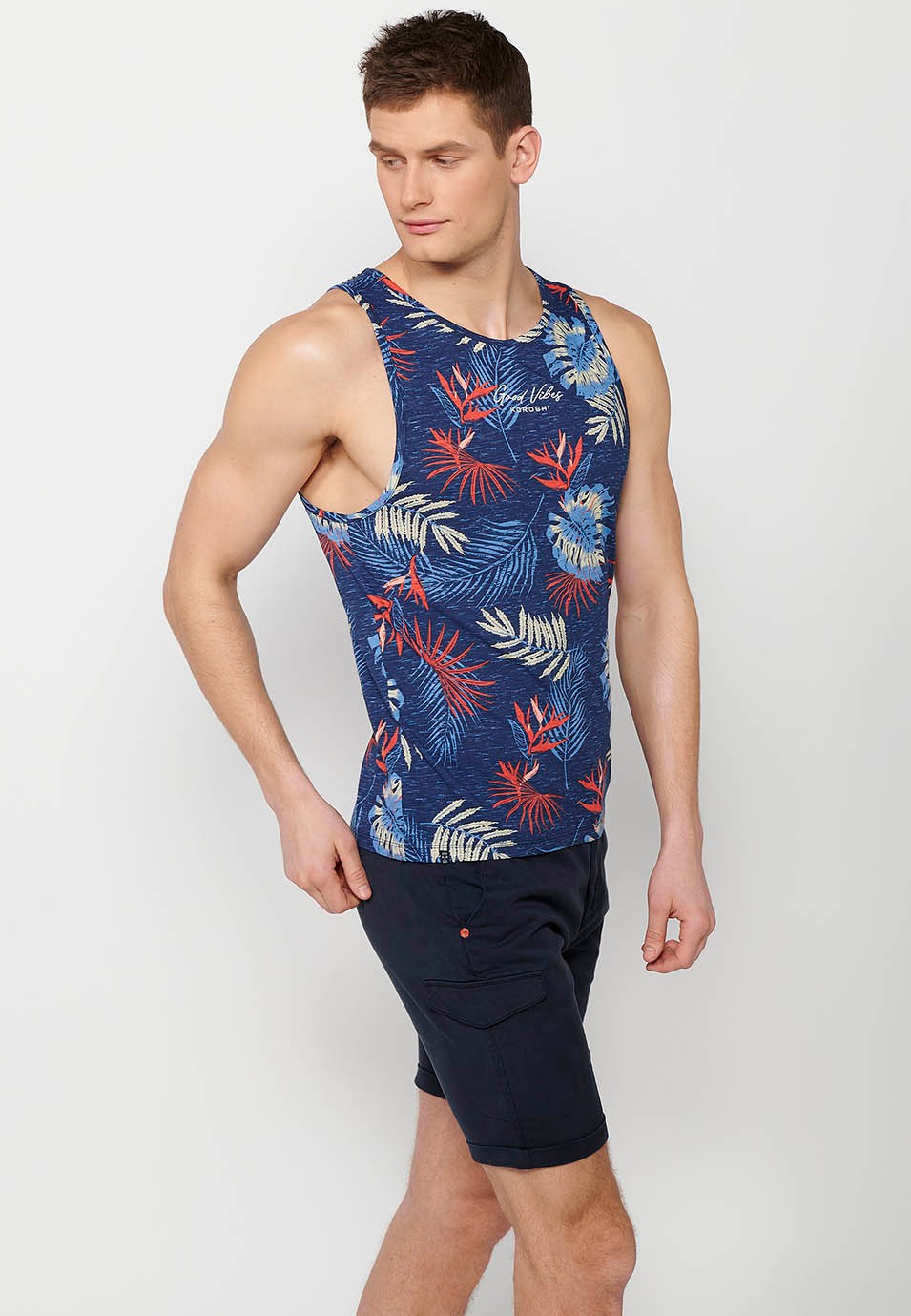 Cotton tank top, blue floral print for men