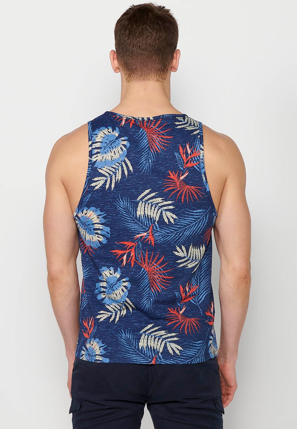 Cotton tank top, blue floral print for men