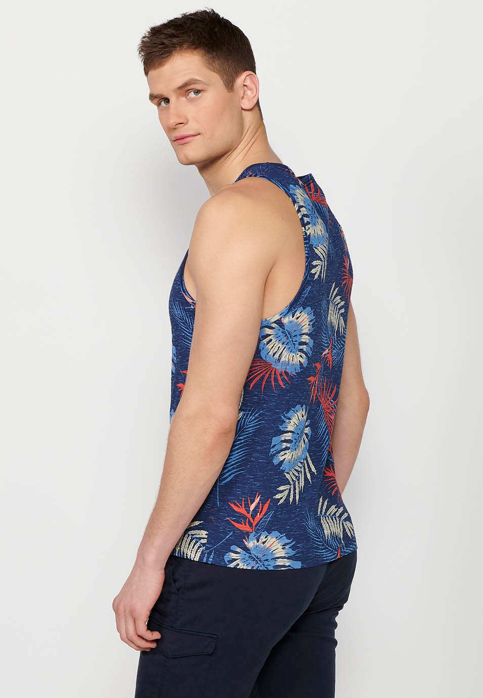 Cotton tank top, blue floral print for men