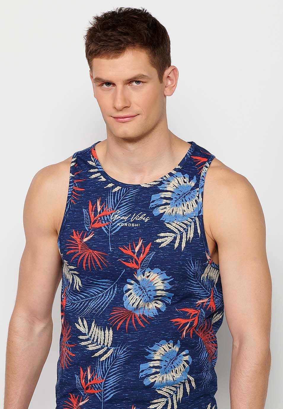 Cotton tank top, blue floral print for men