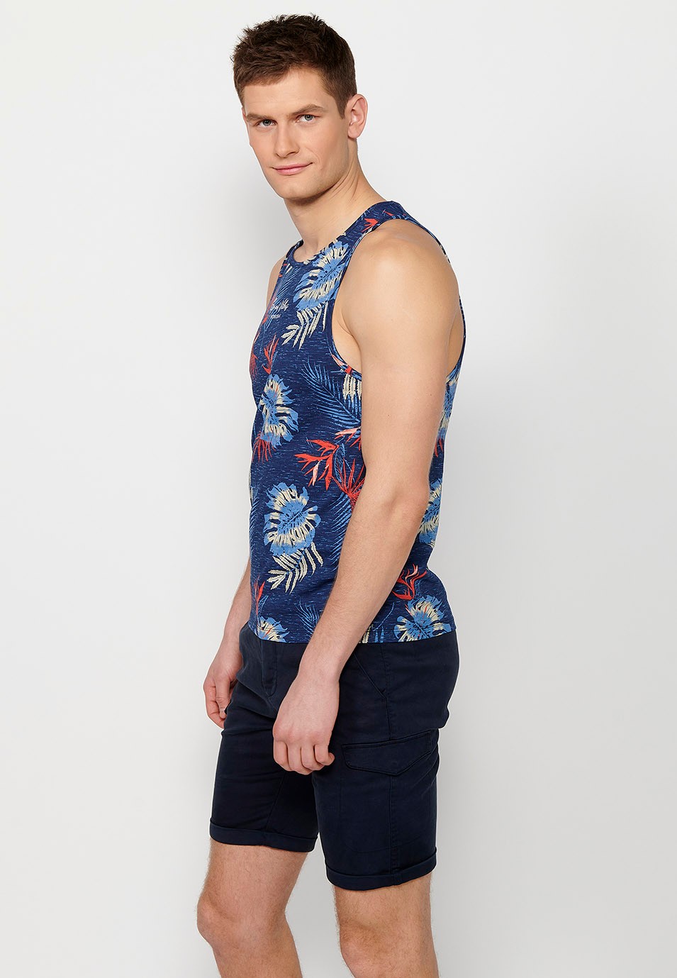 Cotton tank top, blue floral print for men