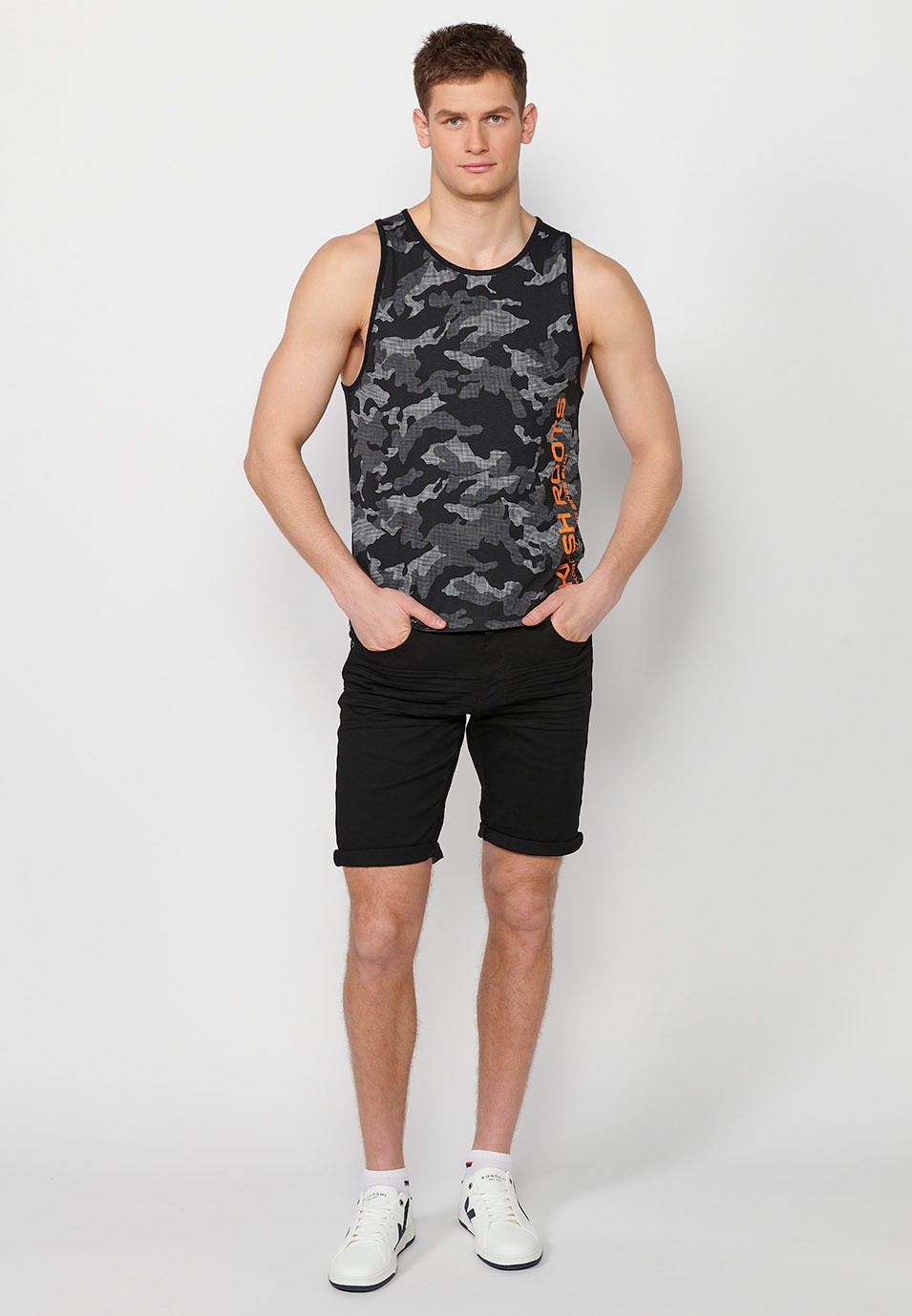 Tank top, black and gray camouflage print for men