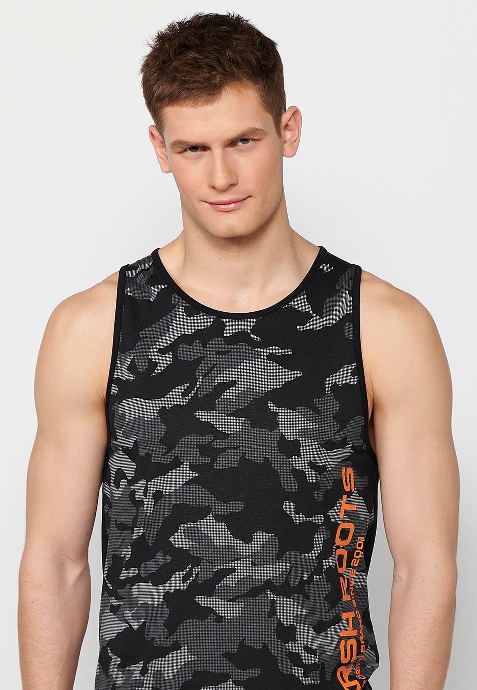 Tank top, black and gray camouflage print for men