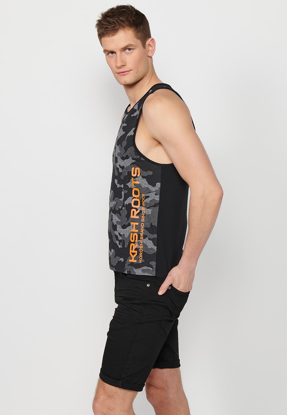 Tank top, black and gray camouflage print for men