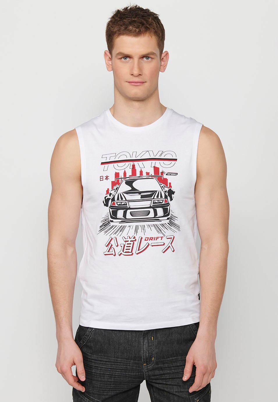 Ärmelloses T-Shirt, Frontaufdruck „Tokyo“, weiße Farbe für Herren
