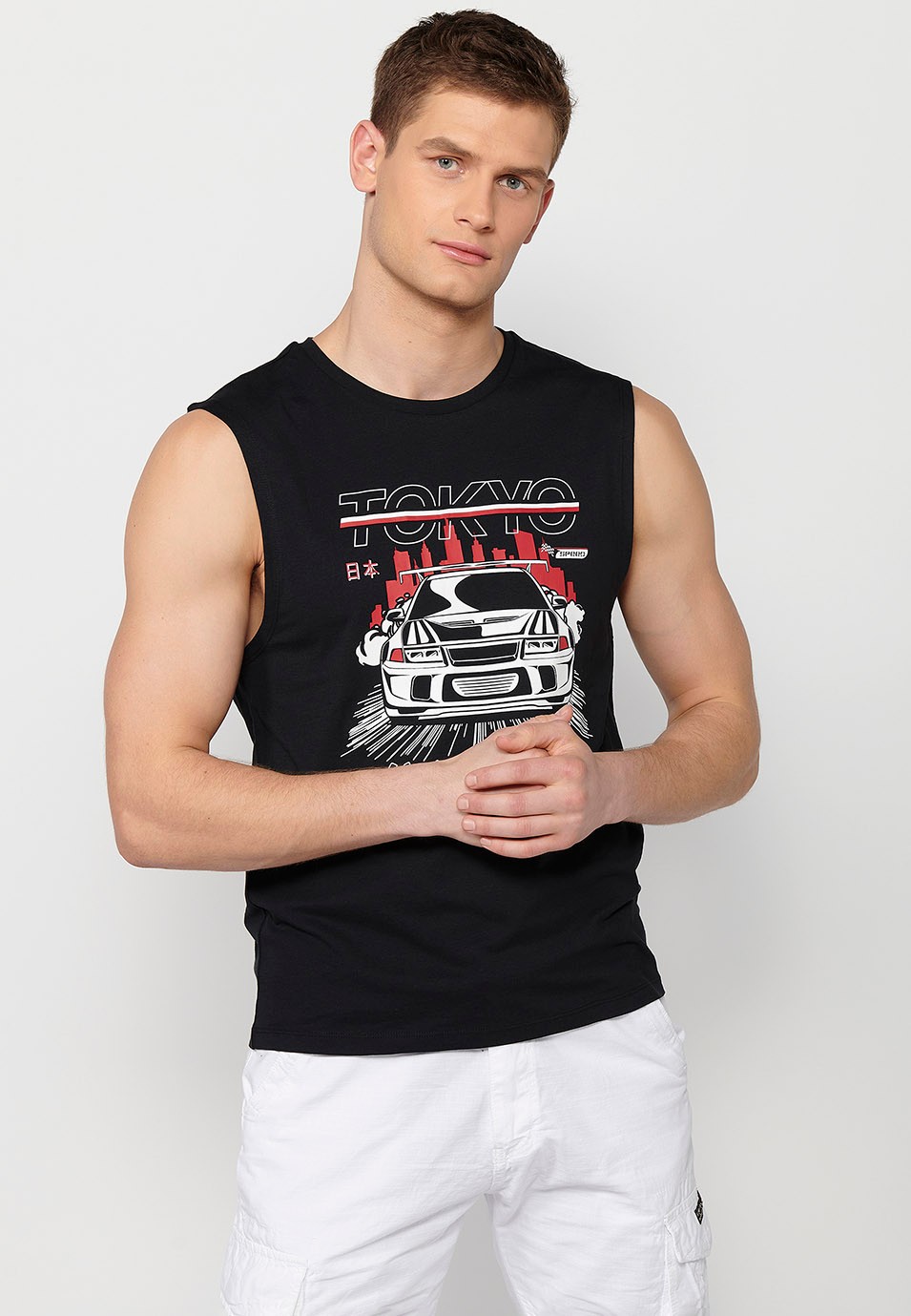 Sleeveless T-shirt, front print 