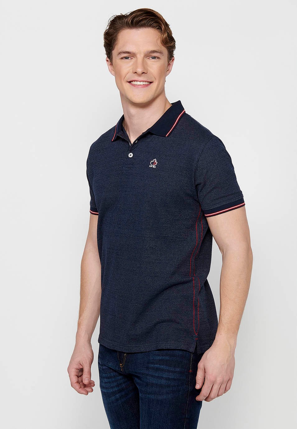 Kurzarm-Poloshirt mit Hemdkragen und Knöpfen in Marineblau für Herren 1