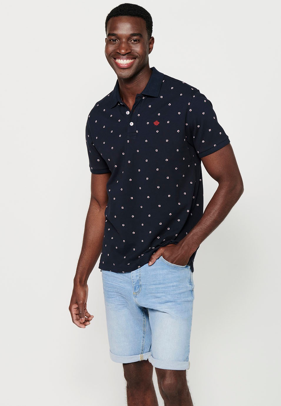 Short-sleeved polo shirt, navy printed fabric for men