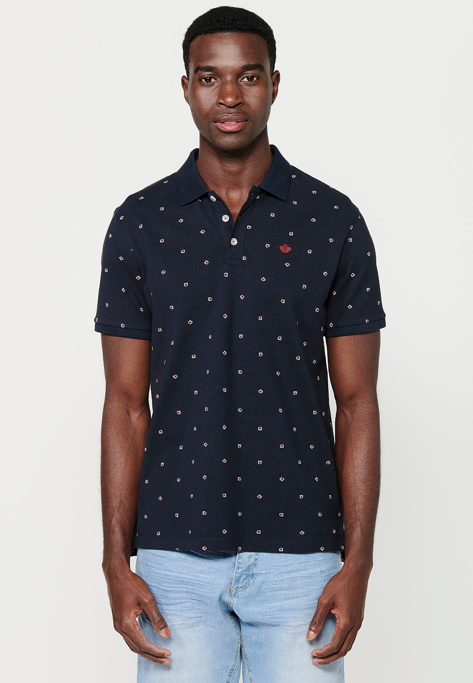 Polo de manga corta de algodón, tela estampada color navy para hombre