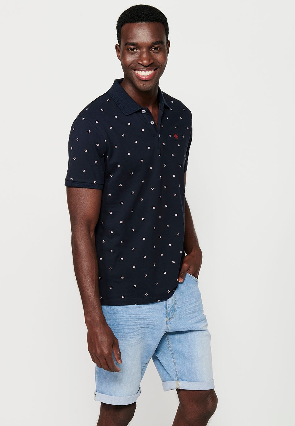 Short-sleeved polo shirt, navy printed fabric for men