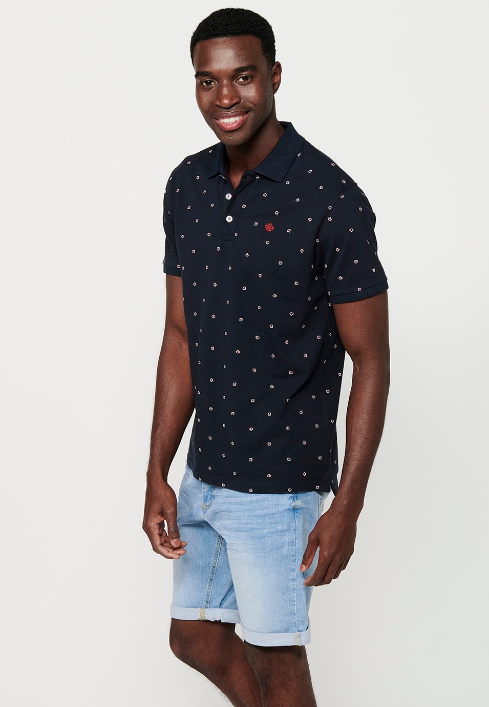 Short-sleeved polo shirt, navy printed fabric for men