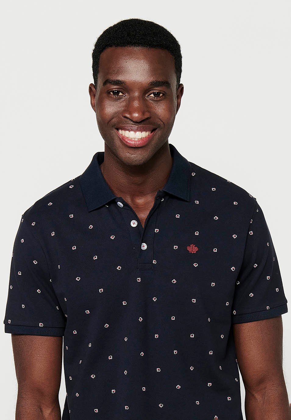 Polo de manga corta de algodón, tela estampada color navy para hombre