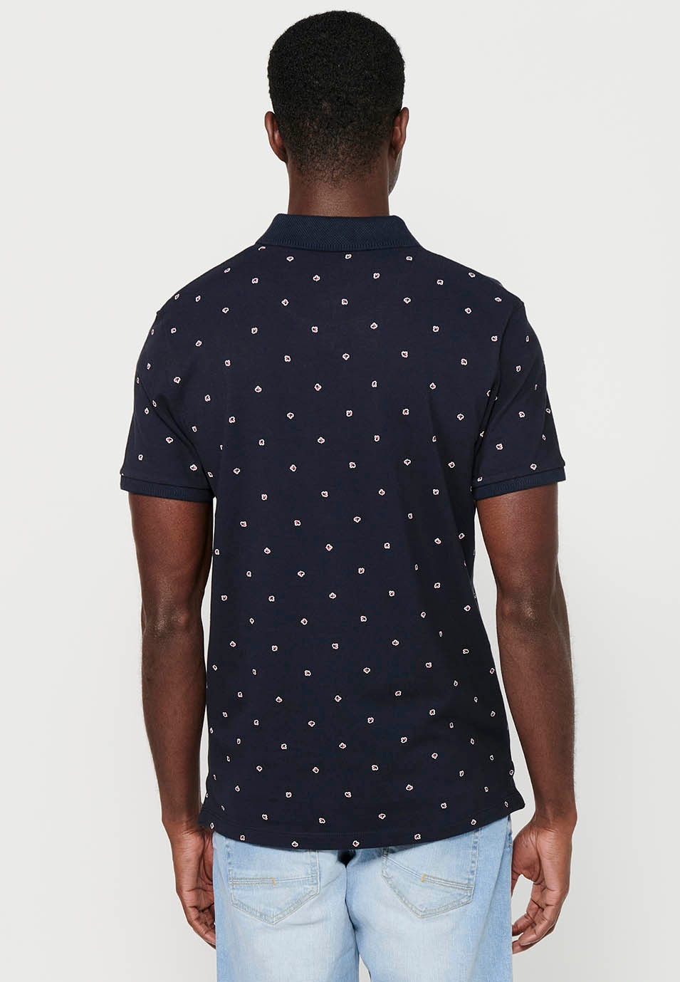 Polo de manga corta de algodón, tela estampada color navy para hombre