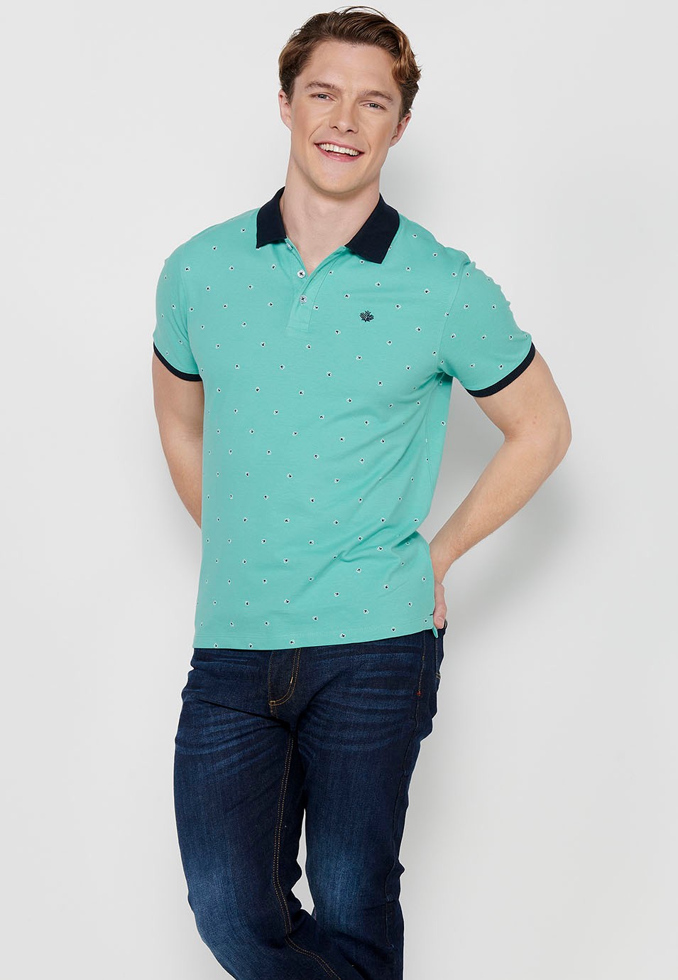 Men's mint printed cotton short-sleeved polo shirt