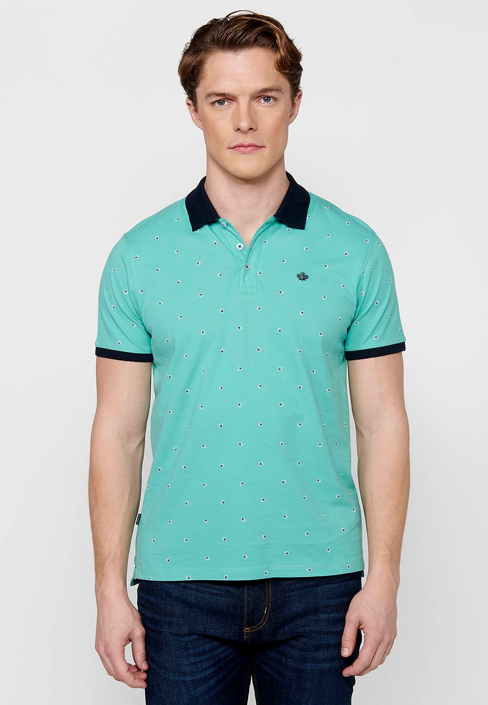 Polo de manga corta de algodón, tela estampada color menta para hombre 1