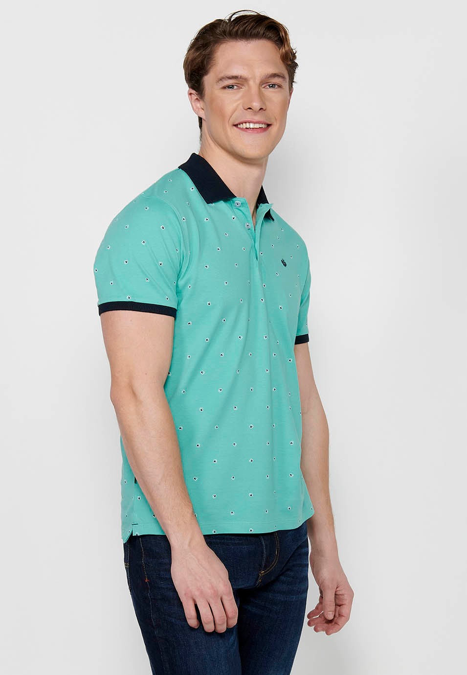 Polo de manga corta de algodón, tela estampada color menta para hombre 5