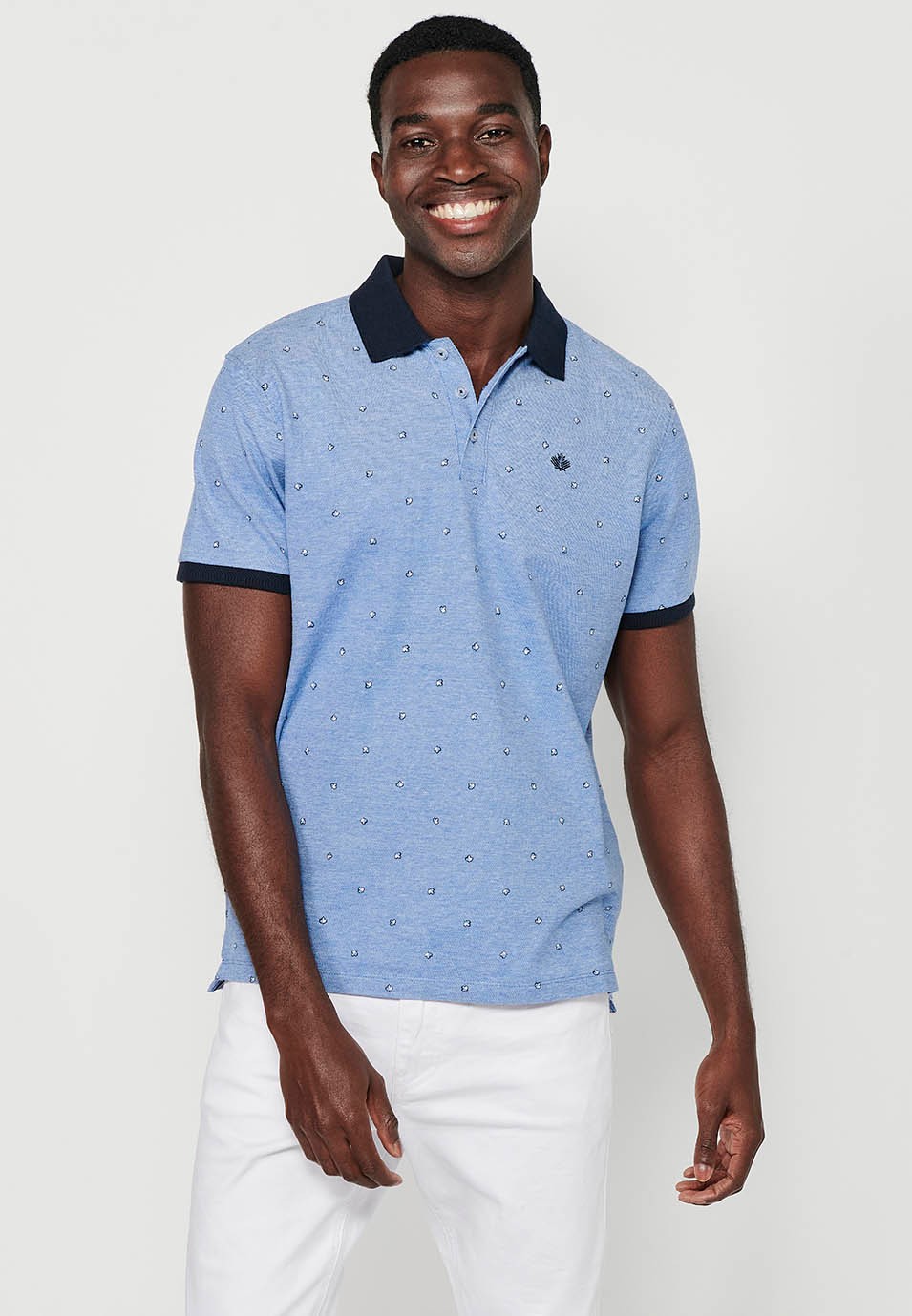 Short-sleeved cotton polo shirt, blue printed fabric for men