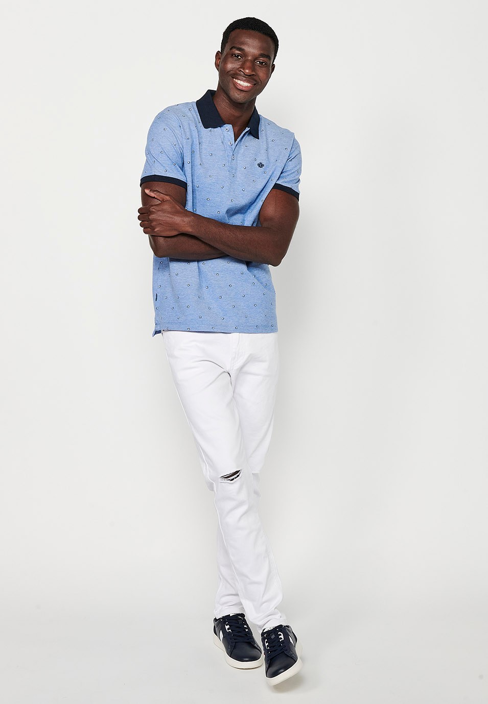 Kurzarm-Poloshirt aus Baumwolle, blau bedruckter Stoff für Herren