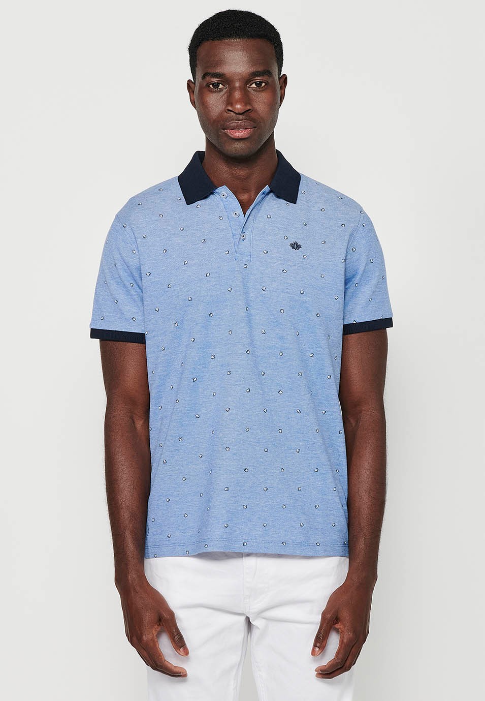 Polo de manga corta de algodón, tela estampada color azul para hombre | Ropa Casual