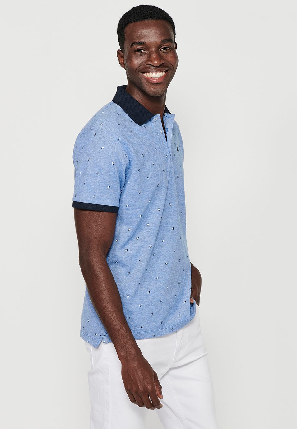 Polo de manga corta de algodón, tela estampada color azul para hombre | Ropa Casual