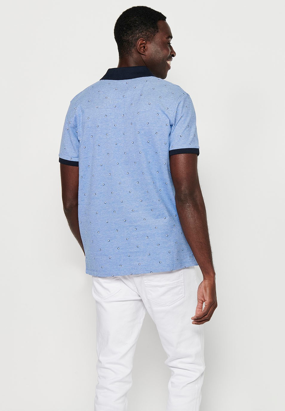 Short-sleeved cotton polo shirt, blue printed fabric for men