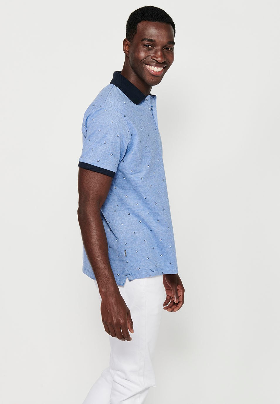 Polo de manga corta de algodón, tela estampada color azul para hombre | Ropa Casual