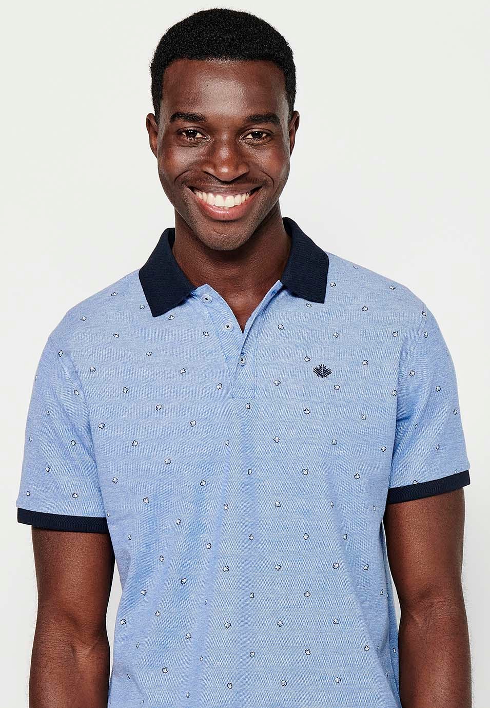 Polo de manga corta de algodón, tela estampada color azul para hombre | Ropa Casual
