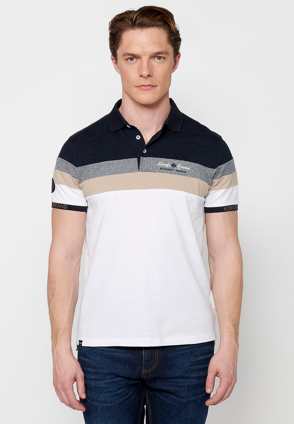 100% cotton short-sleeved polo shirt, striped detail on the chest, white color for men