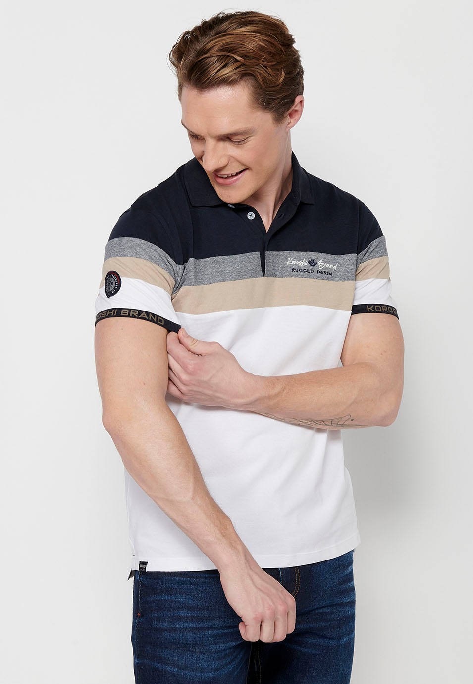 100% cotton short-sleeved polo shirt, striped detail on the chest, white color for men