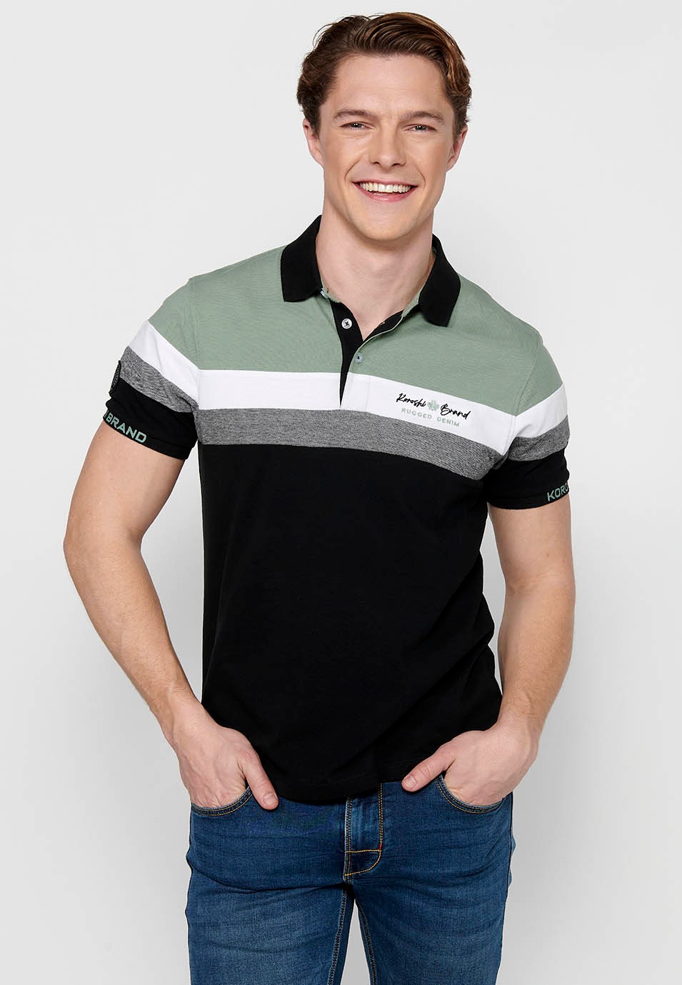 100% cotton short-sleeved polo shirt, striped detail on the chest, black color for men