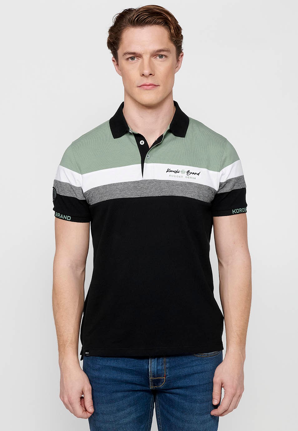 100% cotton short-sleeved polo shirt, striped detail on the chest, black color for men 4