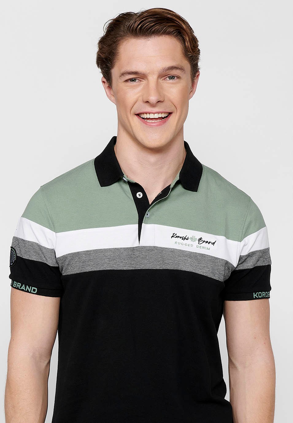 Kurzarm-Poloshirt aus 100 % Baumwolle, Streifendetail auf der Brust, schwarze Farbe für Herren 8